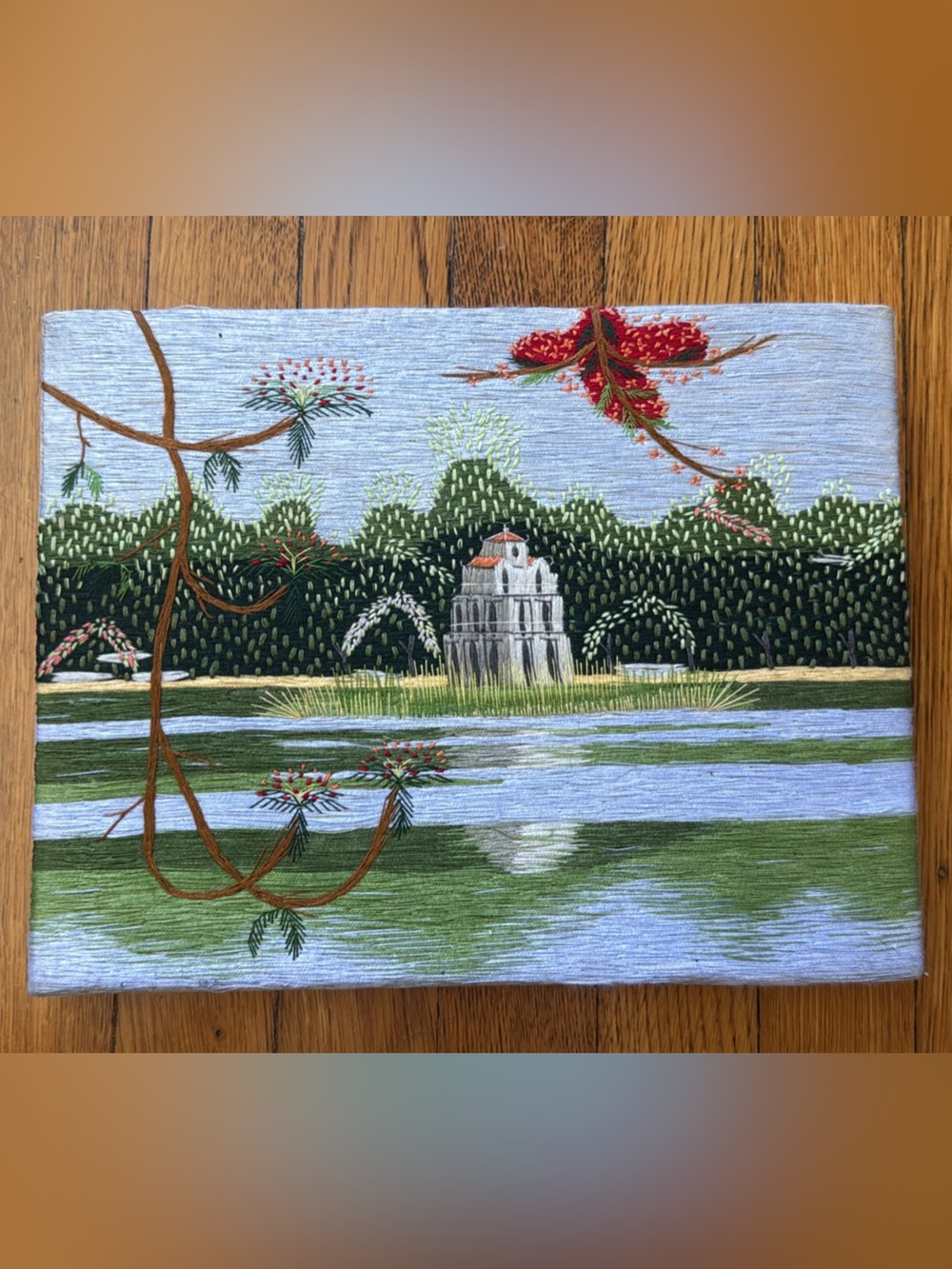 Vintage Embroidered Landscape Wall Art in Green, Blue and Red